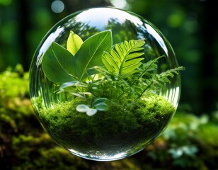 Wall Mural - a vibrant close up of a glass sphere containing lush green leaves and plants