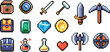 © Haider - Pixel style gaming arsenal icons including sword pickaxe and weapon elements for retro games ui and web design