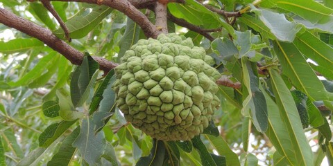 A vibrant image displaying a custard apple fruit hanging from a tree branch in natural light.