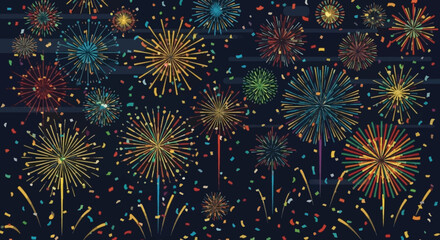 Festive illustration of colorful fireworks exploding in a vibrant, stylized display with confetti.