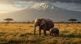 African Elephants and Kilimanjaro at Sunset.