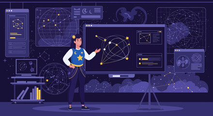 A Woman Presents the Constellations in a Technological and Scientific Environment