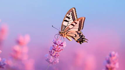 Delicate butterfly rests on vibrant lavender blooms under soft pastel sky