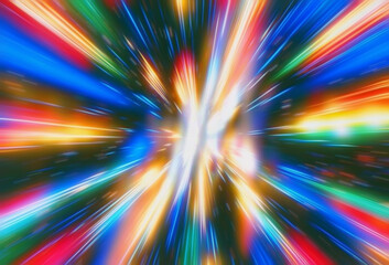 Wall Mural - Vibrant abstract illustration in a digital futuristic style, with beams of blue, red, yellow, and green light radiating from a bright central point, creating a dynamic sense of motion and energy.