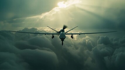 Wall Mural - a plane soars through a cloudy sky with the warm glow of the sun behind it