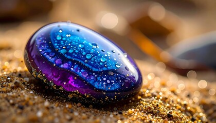 A polished, resin-coated stone with vibrant colours and water droplets