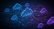 © Olga Ко - Concept de cloud computing futuriste avec icônes de nuages lumineux connectés au réseau numérique, cybersécurité, stockage de données et infrastructure virtuelle.
