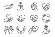 © Galina - Supportive Hand Icons. Line style icons of support hands: open palm, two hands together, hand lifting another, helping hand; hand