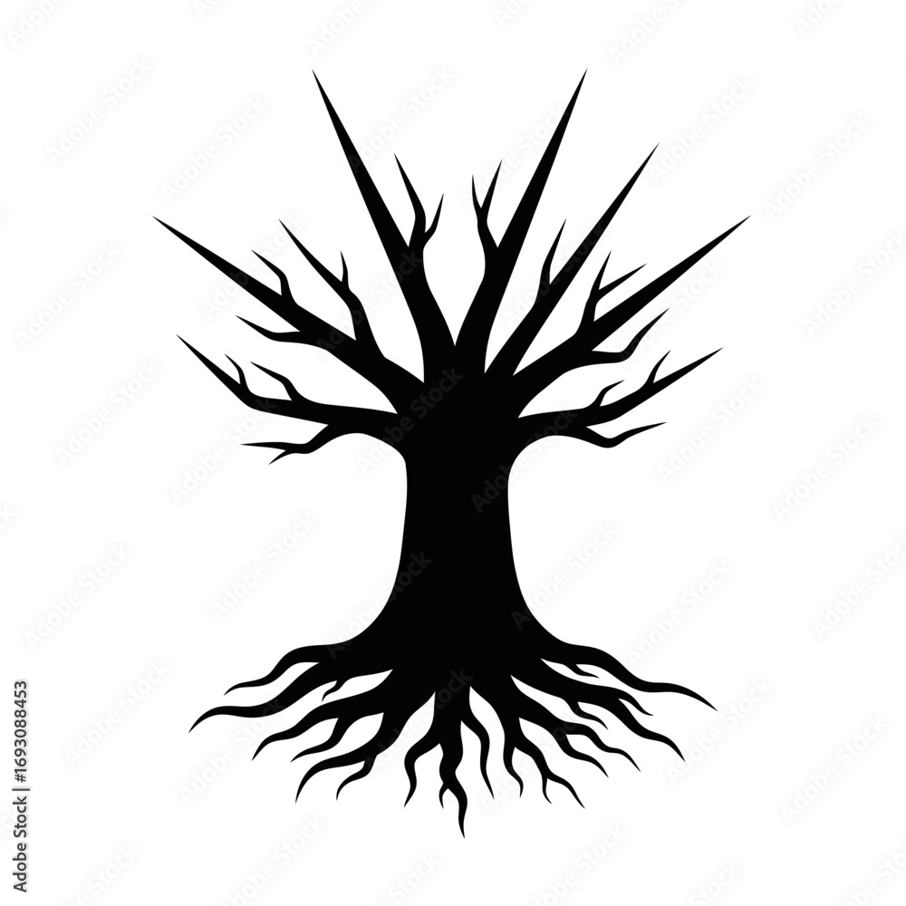 Vector art of silhouette of a bare tree with roots, a stark and simple ...