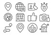 © VideoHub - Travel Icons Collection. Line style icons of recommended places: map pin with heart, globe with star tag, destination with label,