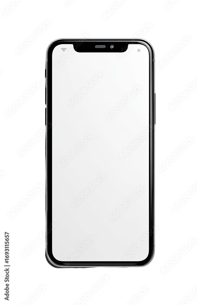 A vertical, rectangular smartphone with a blank white screen. The phone ...