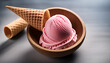 © Keira - Delight In The Sweetness Of A Single Scoop Of Pink Ice Cream Nestled In A Waffle Cone And Wooden Bowl