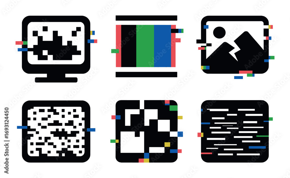 Digital distortion silhouette icons set. featuring crt, static ...