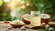 © tiagozr - Jar of coconut oil with fresh coconuts outdoors.