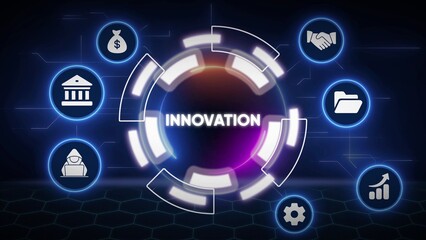 Futuristic Innovation Concept with Business and Technology Icons on Dark Hexagonal Background idea creativity
