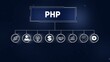 ©                  M.G - PHP Programming Language Business Strategy Flowchart with Icons and Dark Blue Background coding development
