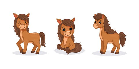 Wall Mural - Set of horses. Cute cartoon horse isolated on white. Adorable farm animal in flat style for children's worksheet, and activity pages. Vector illustration