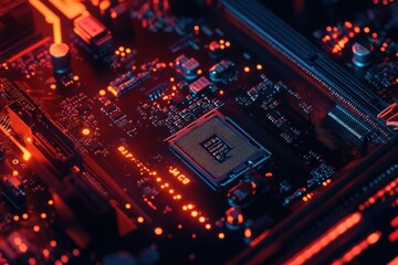 Close-up view of a modern computer motherboard featuring vibrant red and orange lighting, highlighting intricate components during late-night project setup