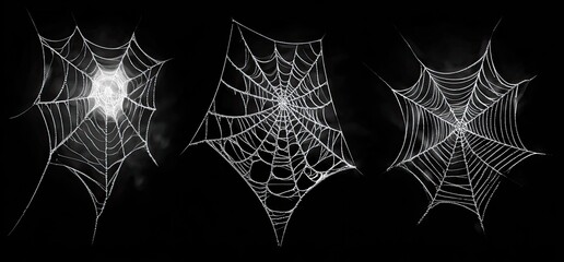 Three spider webs against a dark background