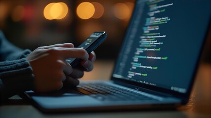 Focused Programmer Coding on Laptop Screen While Using Smartphone for Digital Communication in a Modern Tech Workspace