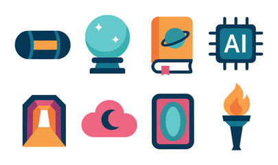 futuristic technology flat icon set. featuring vr headset, crystal ball, ai chip, portal, and torch 