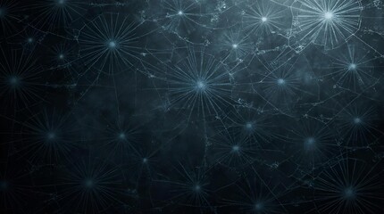Wall Mural - Intricate dark blue abstract network background with glowing interconnected nodes and radiating light, symbolizing technology, data, AI, or complex neural connections.