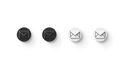 Four minimalist 3D email envelope icons, two black and two white, round message buttons for modern web design and app user interface on a clean background.
