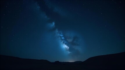 Wall Mural - Deep blue night sky reveals the majestic Milky Way galaxy stretching across with countless bright stars above a serene desert landscape, stunning astrophotography.