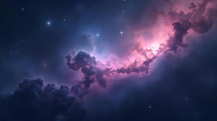 Wall Mural - Vibrant and stunning cosmic nebula with glowing magenta and purple gas clouds and twinkling stars in deep interstellar space, an ethereal astronomical digital art wallpaper.