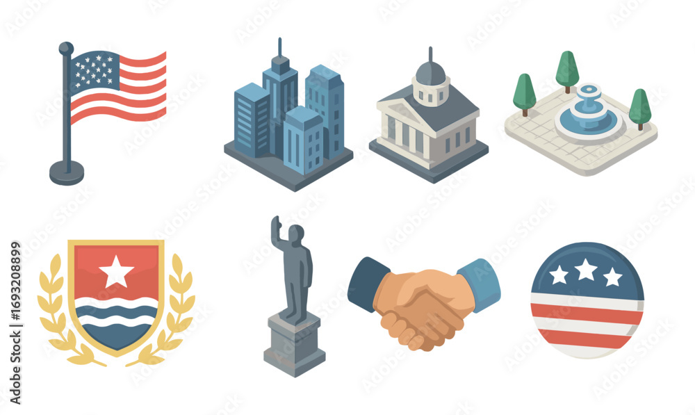 Nation Service Icon Government and patriotic flat icon set. featuring flag, buildings ...