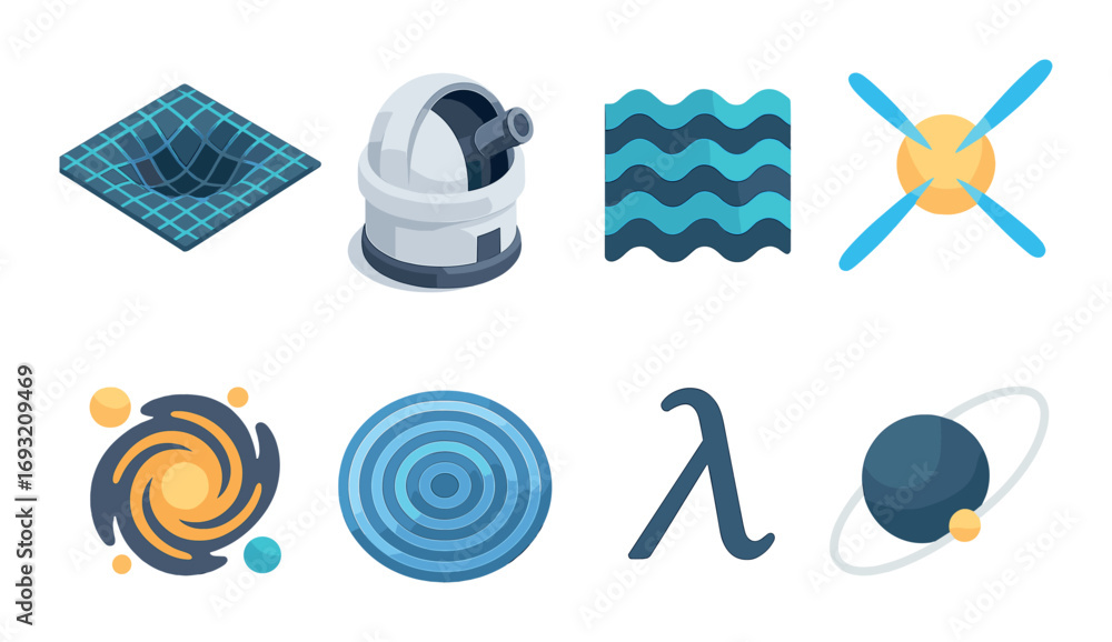Space science flat icons set. featuring black hole, telescope, waves, sunburst, galaxy, target, lambda, planet.