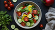 © Luiz - Fresh and vibrant salad in a bowl, featuring crisp lettuce, juicy tomatoes, cool cucumber slices, and colorful bell peppers, a healthy meal
