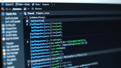 Computer screen code programming software development technology monitor digital workspace closeup focus modern professional data script editor application interface information internet programming