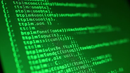 Green computer code and digital data screen, featuring programming language syntax, software development, and technology environment concepts, highlighting cybersecurity, data processing