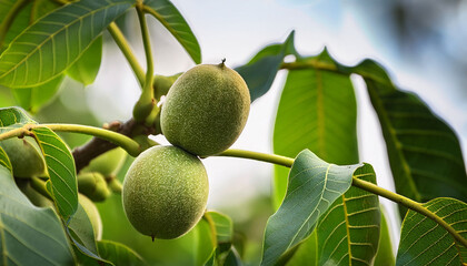 walnuts growing on a green tree branch amidst lush leaves