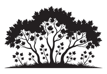 Silhouette of a large bushy tree with autumn leaves and grass in a black and white design white background