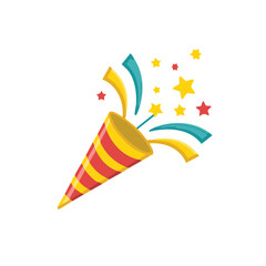 Festive striped party popper exploding with colorful confetti and stars illustration