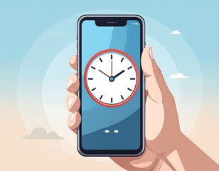 Hand holding a phone displaying a clock
