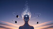 © ADD PHOTO - Surreal woman with glowing white hair, closed eyes, and cosmic orbits with planets around her head, symbolizing spiritual awakening, meditation, and cosmic energy at sunset