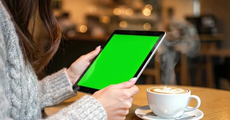 Woman using a tablet with a green screen in a cafe with a cup of coffee.