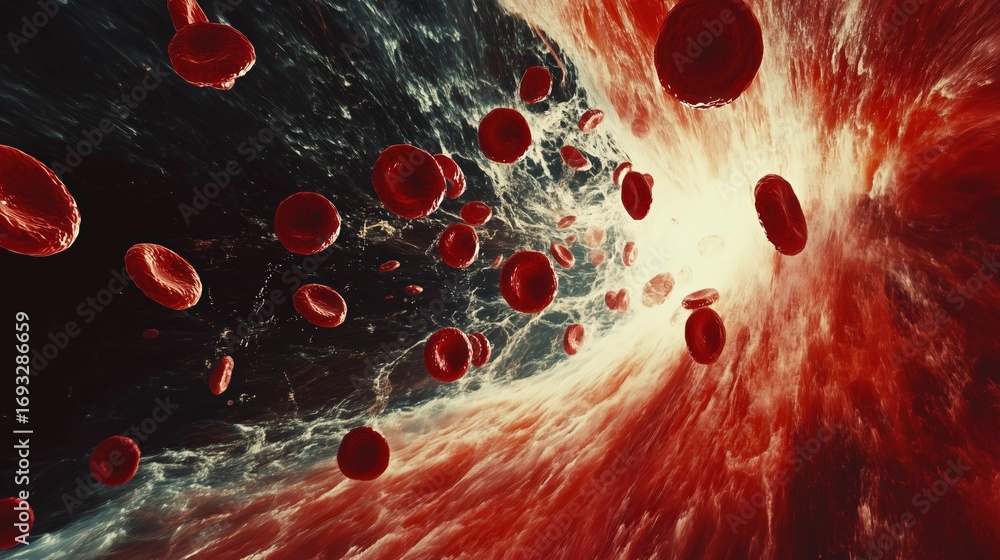 Artistic 3D-style visualization of red blood cells flowing through a ...