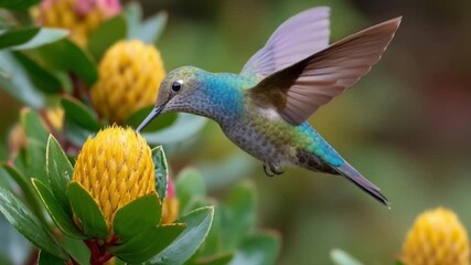 Hummingbird hovers near yellow flower wings spread iridescent plumage visible against a blurred green background