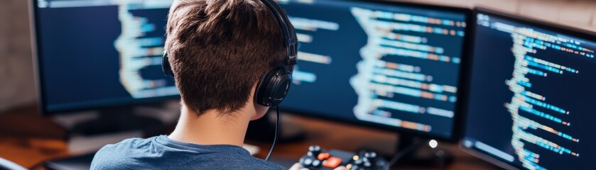 Coder with Headphones Multiple Monitors Showing Code,programming ,developer