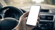 © Djemari - Hand holding smartphone with blank screen inside a car.