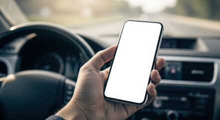 Hand holding smartphone with blank screen inside a car.