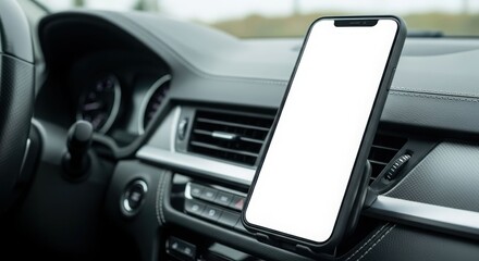 A close-up view of a smartphone mounted on a car's dashboard, displaying a blank screen.