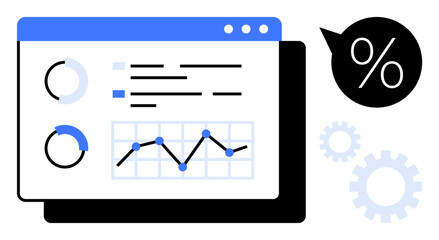 Analytical interface with pie charts, a line graph, and percentage icon. Ideal for business performance, trend analysis, financial planning, data insights, statistics, reports simple flat metaphor
