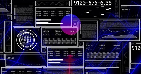 Wall Mural - hovering translucent purple-pink orb overlapping data dashboard, with numerical panels and graphs