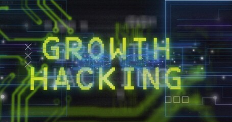 Wall Mural - displaying pixelated green growth hacking text on futuristic dashboard, with neon-green circuits