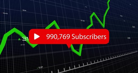 Wall Mural - Displaying red subscriber bubble with play icon showing 990,769 on grid with green chart and labels